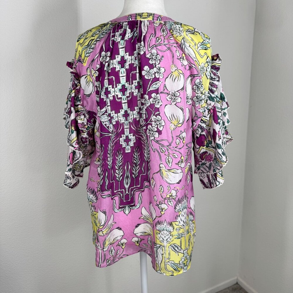 Mariacher PInk Luli Blouse 100% Silk Floral Short Sleeve Ruffled V Neck Sz M - Picture 4 of 13